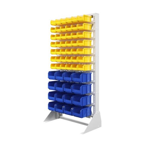 Стеллаж с пластиковыми ящиками 735х1500 односторонняя А1-07-04-00  (желтый/синий)
